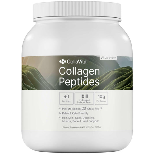 CollaVita collagen peptides powder bottle, easy to digest and mix into beverages for daily support.