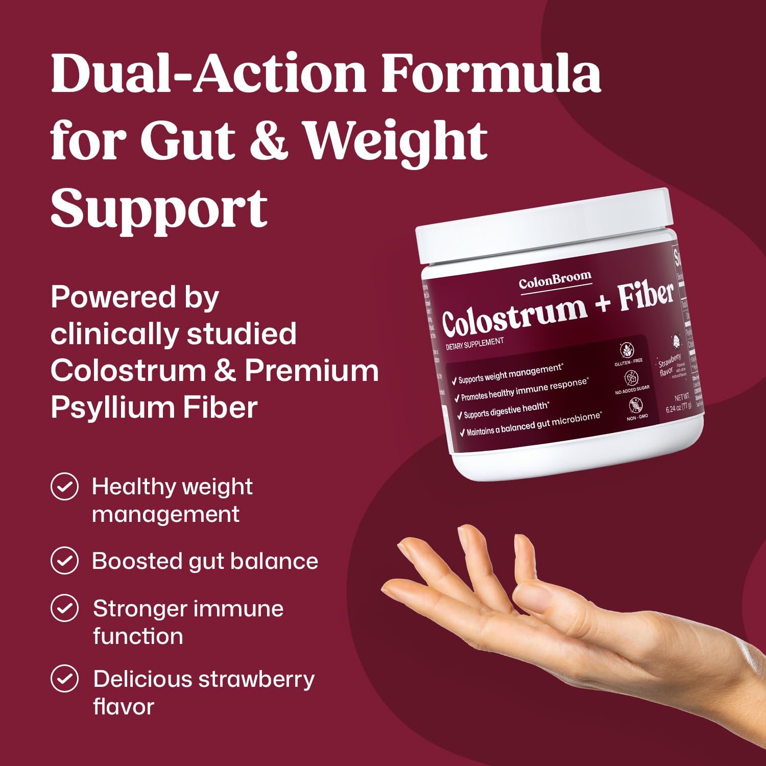ColonBroom colostrum powder scoop highlights immune support and gut wellness.