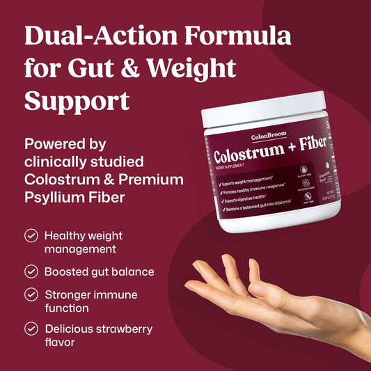 ColonBroom colostrum powder scoop highlights immune support and gut wellness.