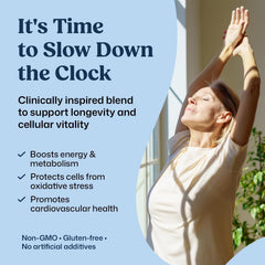ColonBroom Longevity formula image highlights Pterostilbene and Daidzein for wellness.