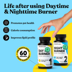 ColonBroom Day Burner capsules closeup highlighting vegan capsules and key ingredients.