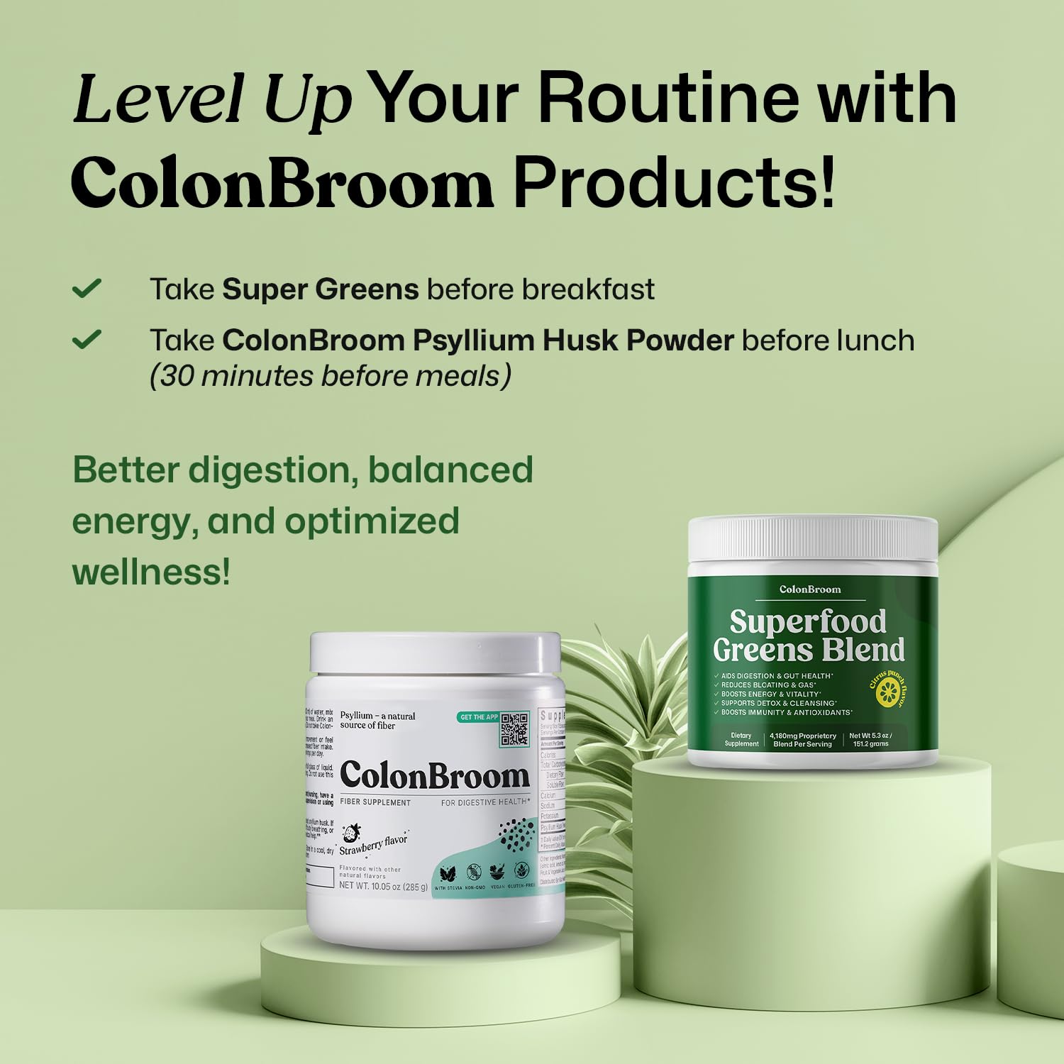 ColonBroom digestive blend bottle shown, suggesting relief from bloating and better gut comfort.