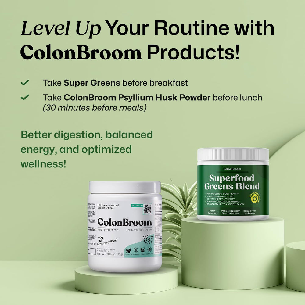 ColonBroom digestive blend bottle shown, suggesting relief from bloating and better gut comfort.
