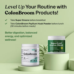 ColonBroom digestive blend bottle shown, suggesting relief from bloating and better gut comfort.