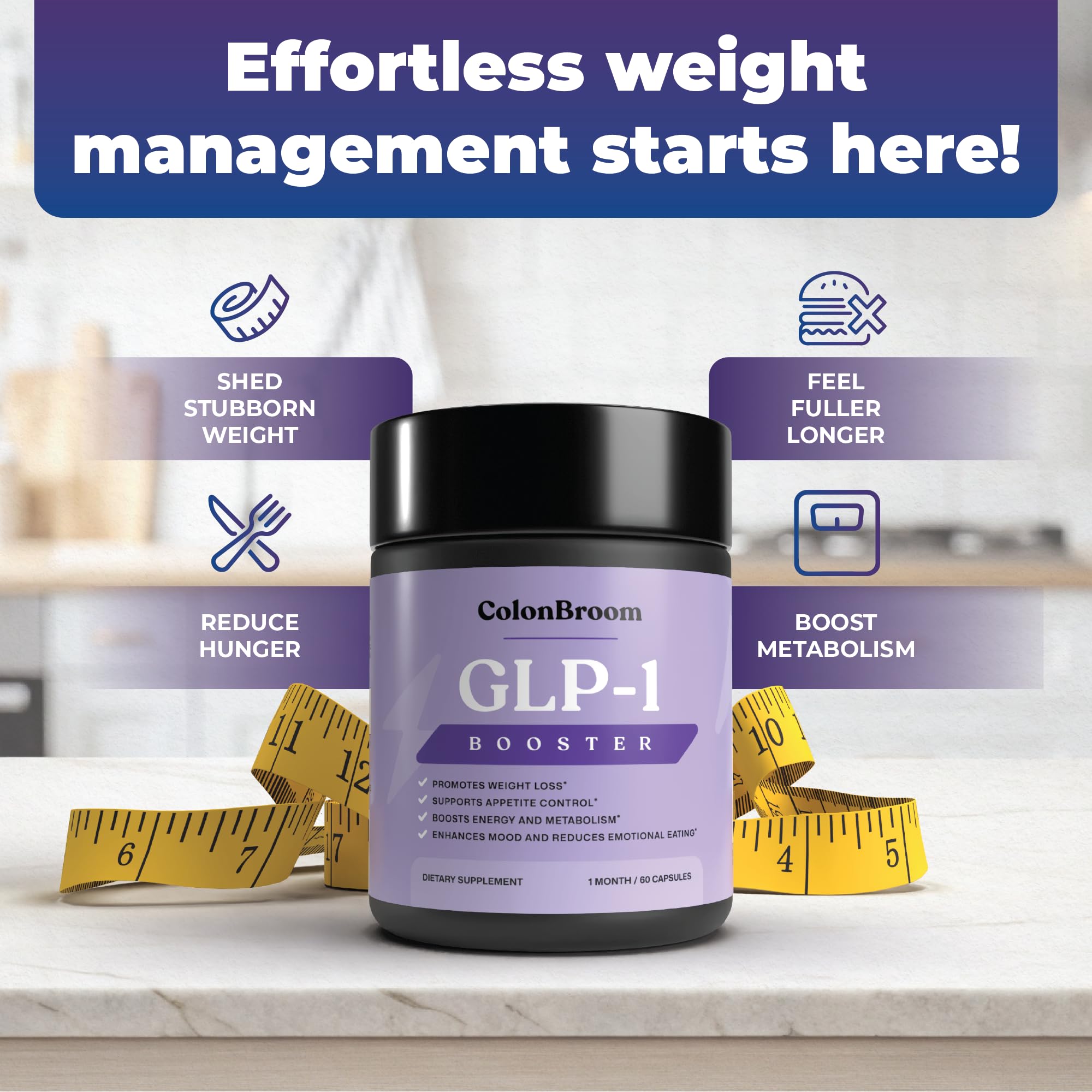 ColonBroom GLP-1 packaging front showcases clean, plant-based ingredients supporting digestive wellness.
