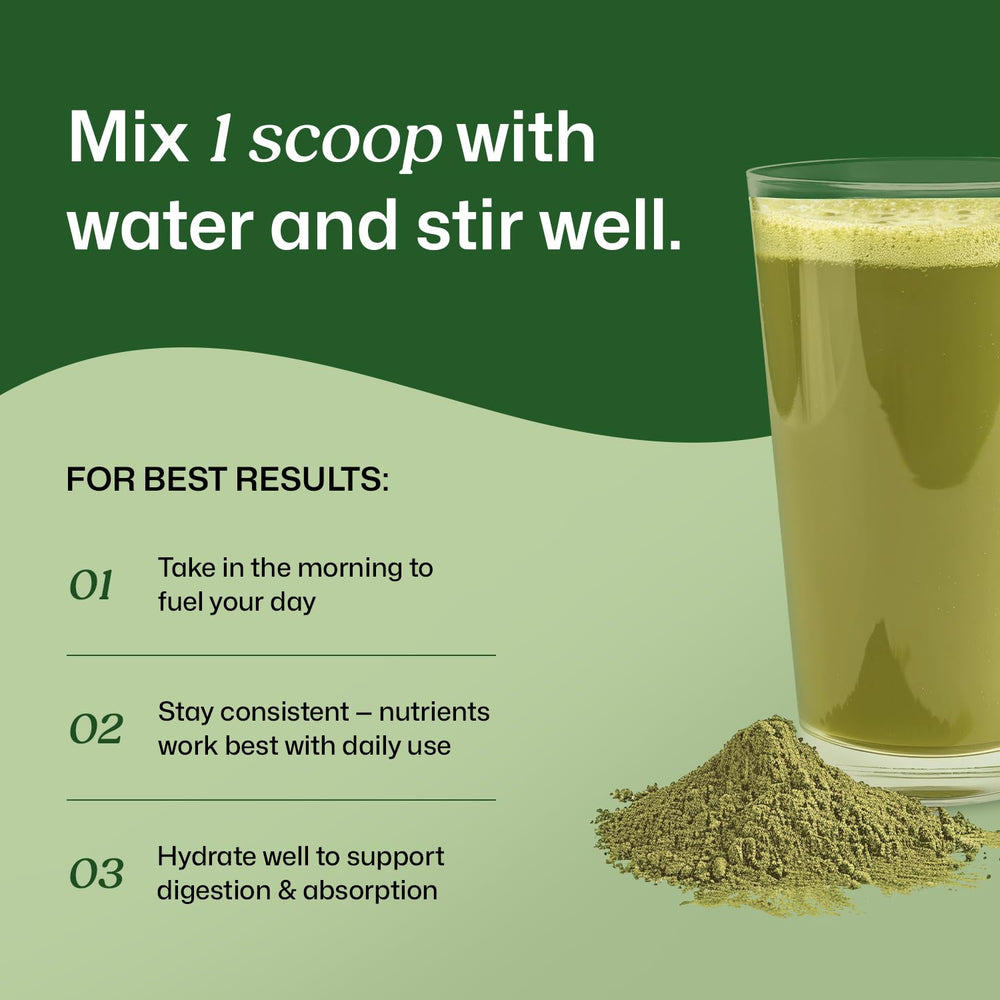 ColonBroom green blend of wheatgrass, kale, and spinach for nutritious daily greens.