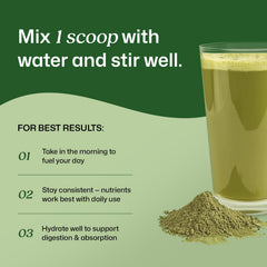 ColonBroom green blend of wheatgrass, kale, and spinach for nutritious daily greens.