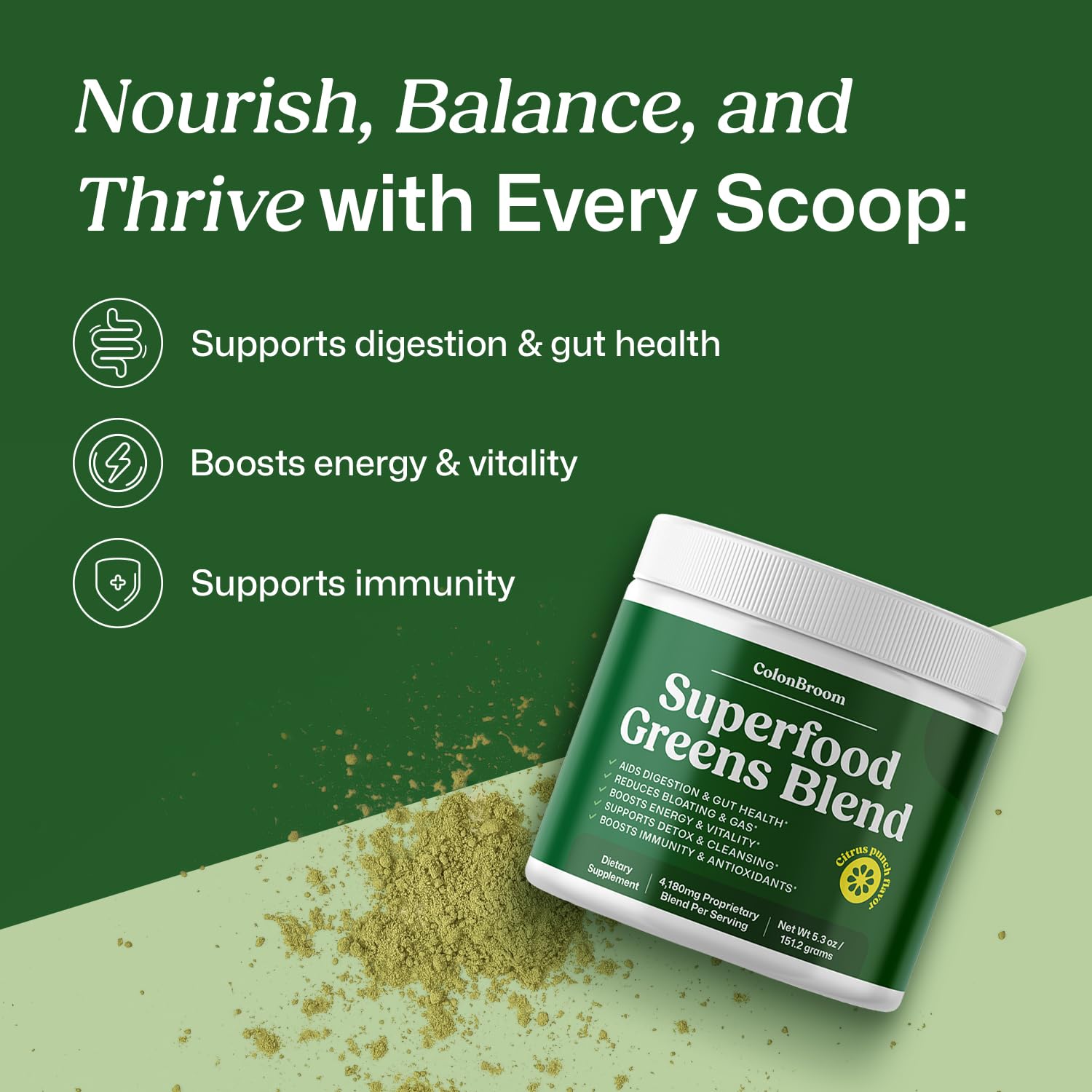 ColonBroom Greens powder dissolving in a glass for a vibrant hydration upgrade.