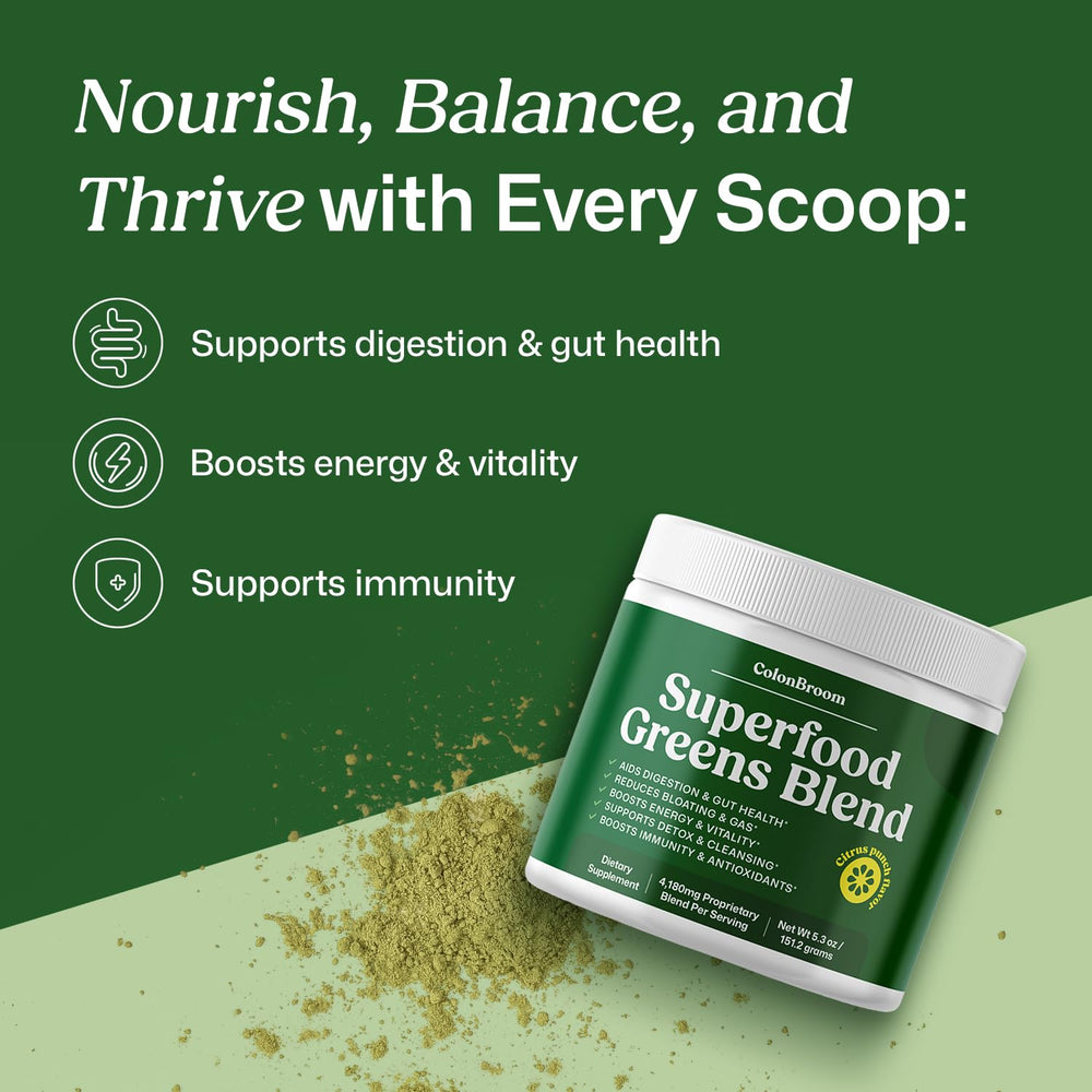 ColonBroom Greens powder dissolving in a glass for a vibrant hydration upgrade.
