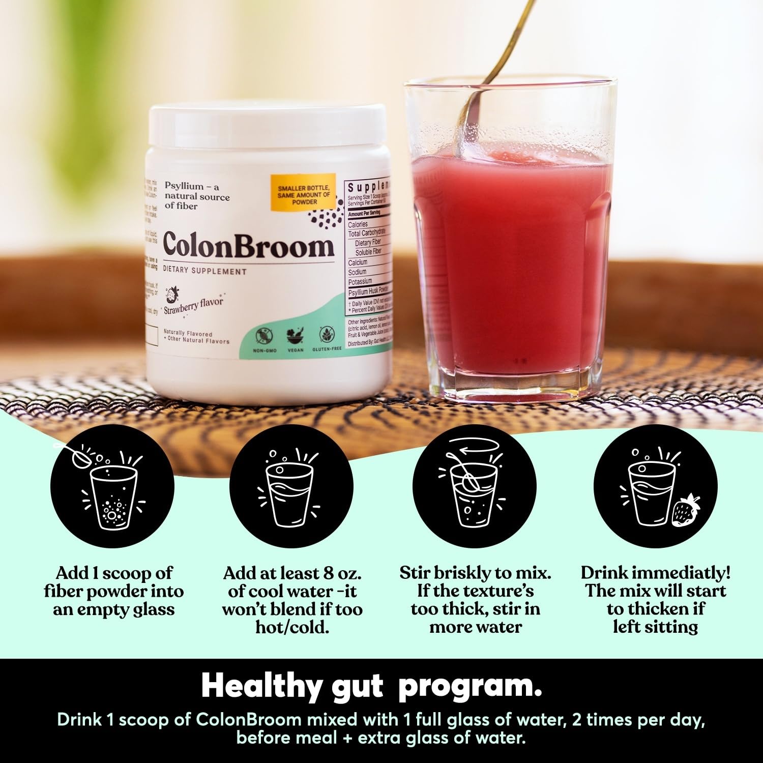 ColonBroom with water demonstrates practical mixing and consumption
