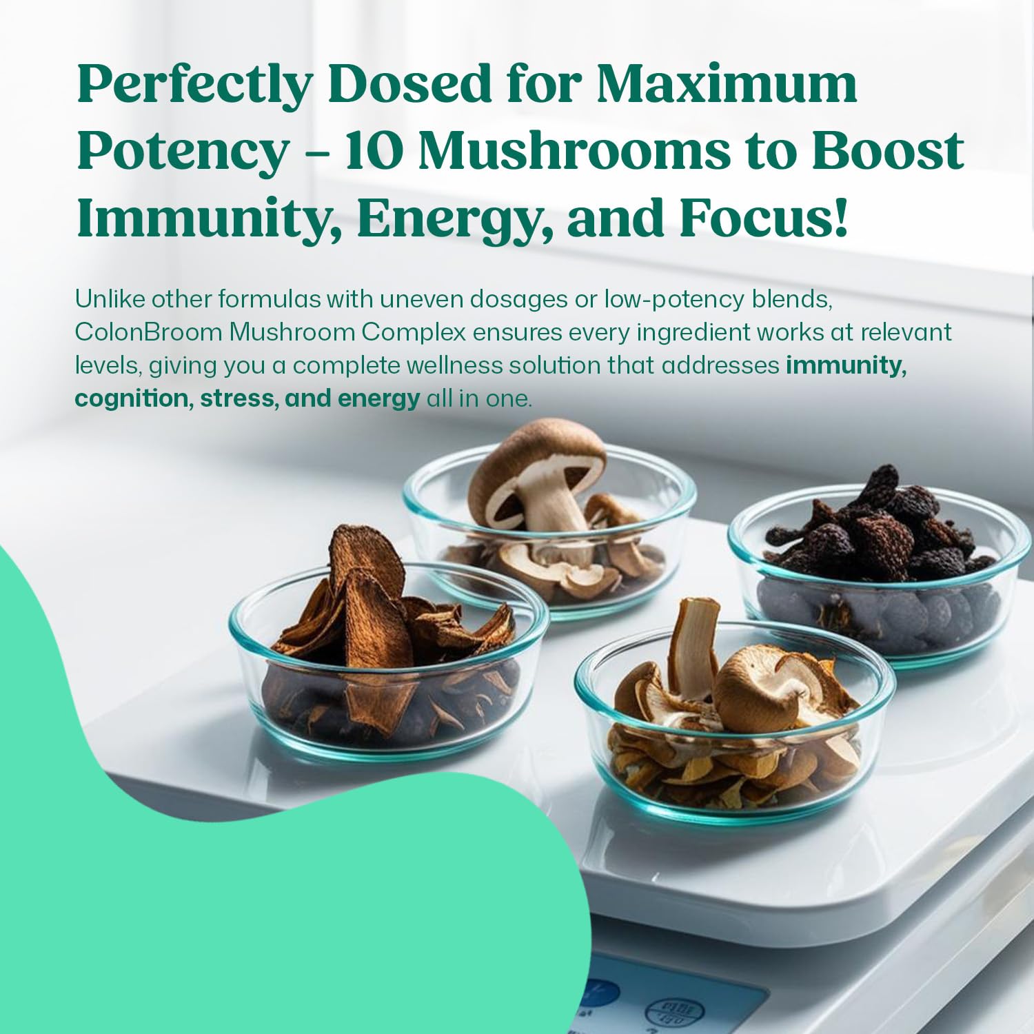 ColonBroom bottle label close-up emphasizing immunity support from mushroom extracts