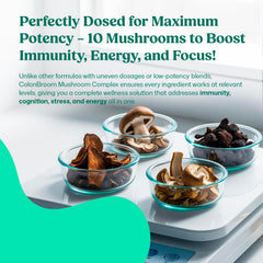 ColonBroom bottle label close-up emphasizing immunity support from mushroom extracts