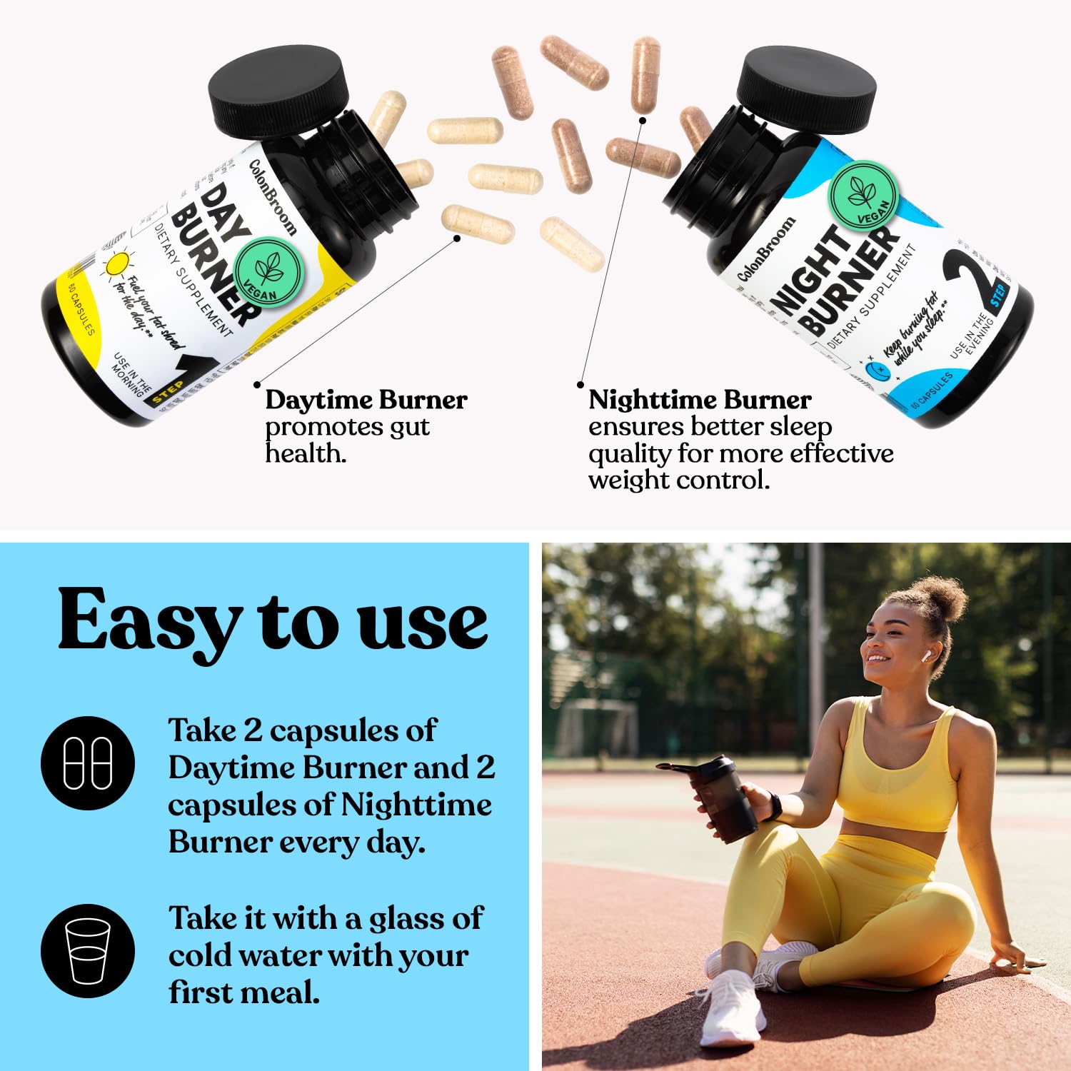ColonBroom Night Burner bottle front designed for nightly metabolism support.