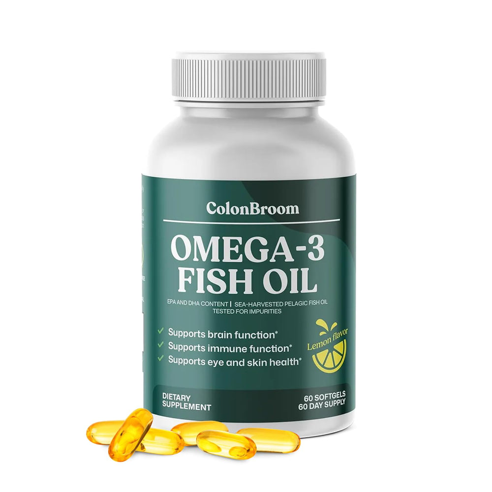 ColonBroom Omega-3 softgels bottle promoting daily heart and brain support.