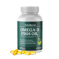 ColonBroom Omega-3 softgels bottle promoting daily heart and brain support.
