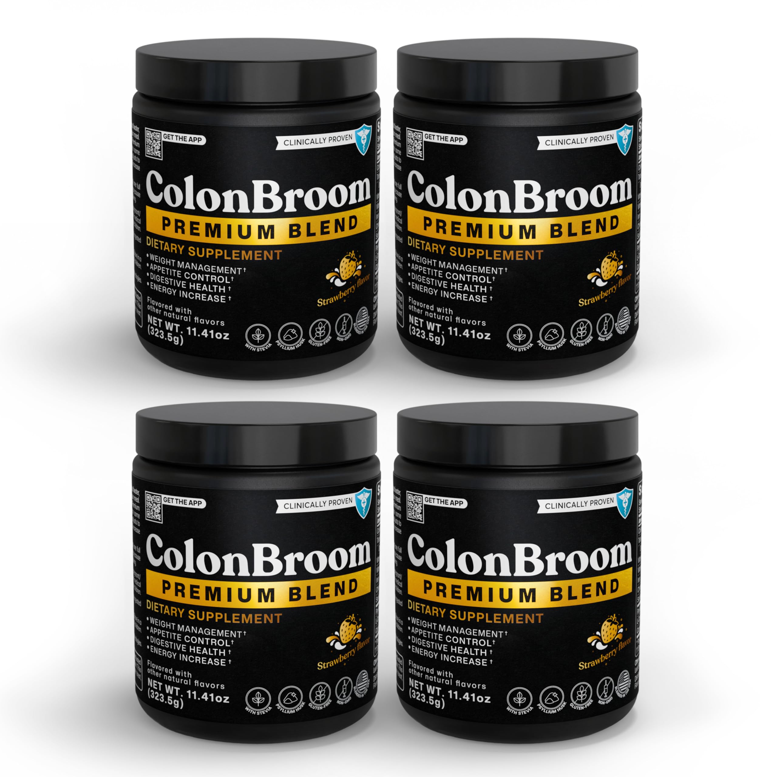 ColonBroom premium bottle with scoop ready for a strawberry weight-management drink.