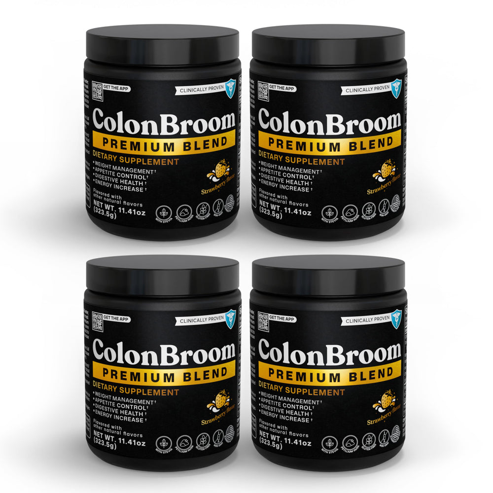 ColonBroom premium bottle with scoop ready for a strawberry weight-management drink.