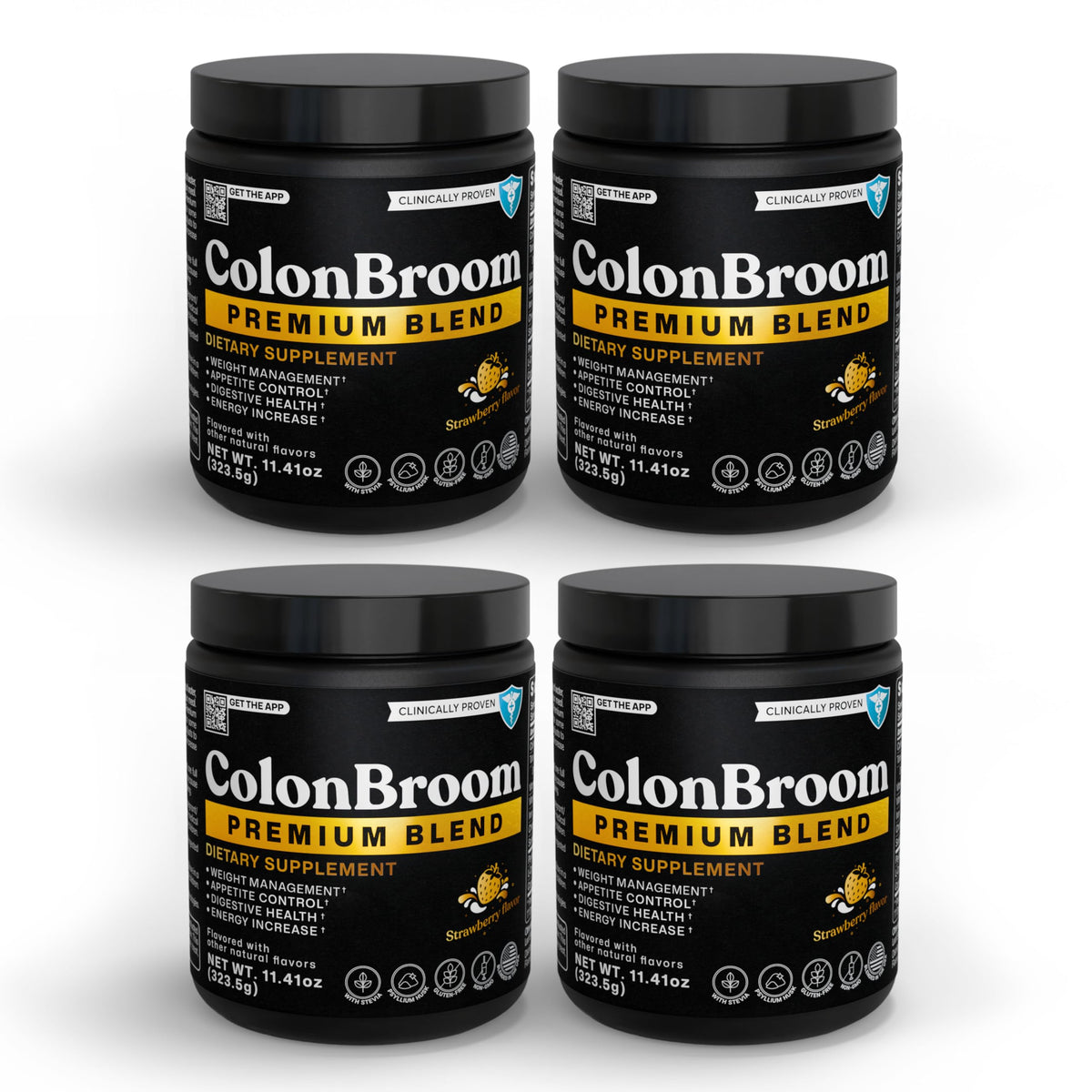 ColonBroom premium bottle with scoop ready for a strawberry weight-management drink.