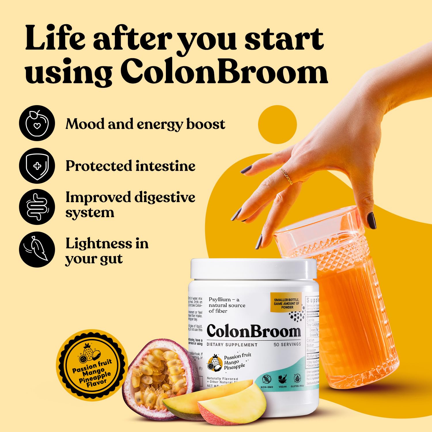 ColonBroom powder mixed with water in glass shows refreshing tropical flavor