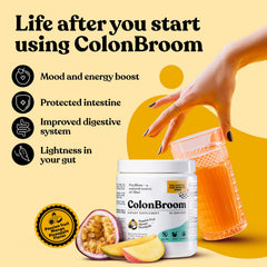 ColonBroom powder mixed with water in glass shows refreshing tropical flavor