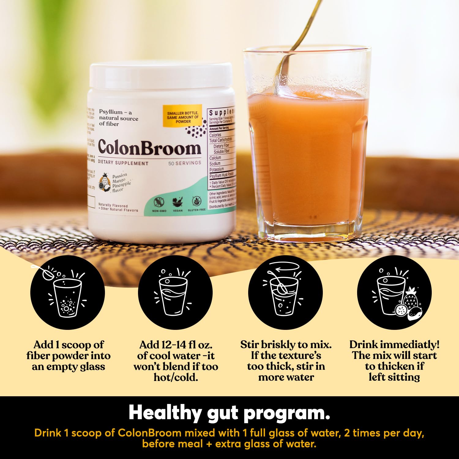 ColonBroom stevia sweetener icon emphasizes sugar-free tropical flavor