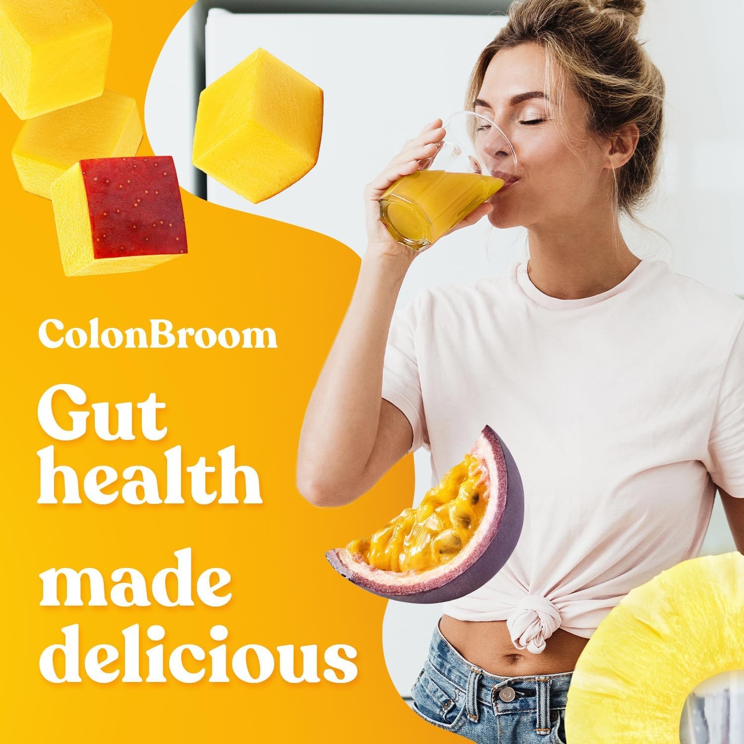 ColonBroom psyllium husk powder tropical fruits tub close-up highlights a fiber-rich formula