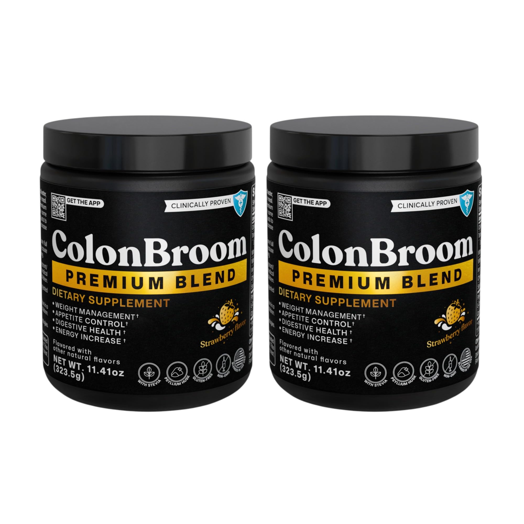 ColonBroom strawberry packaging highlights gluten-free, non-GMO formulation.