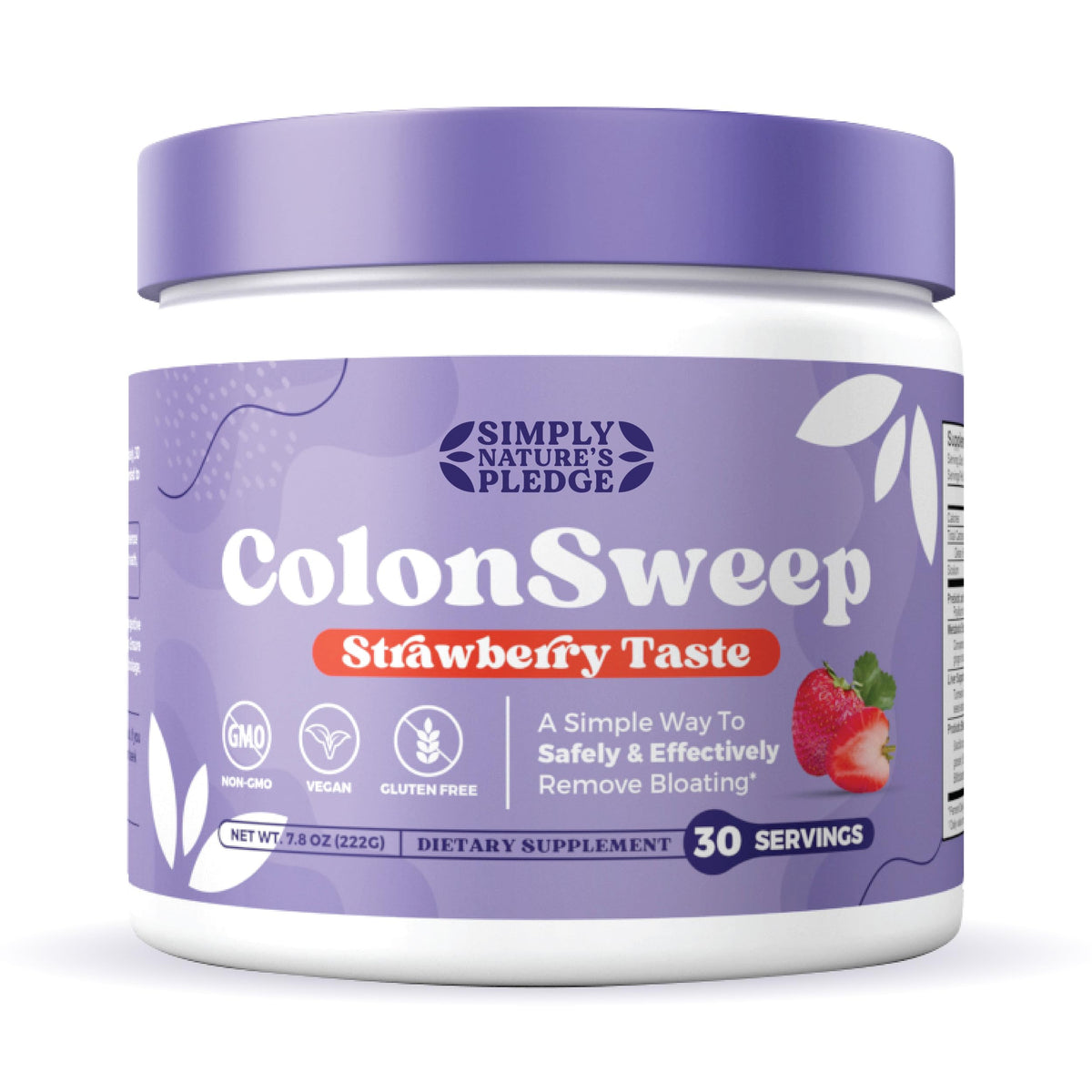 ColonSweep strawberry flavored powder bottle shown for daily gut comfort