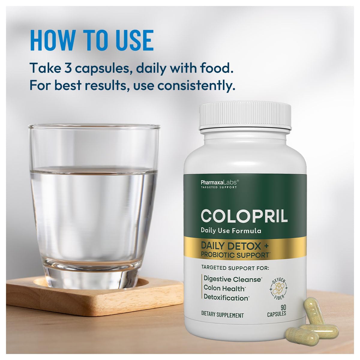 Colopril Colon Cleanse capsules closeup shows high-potency gluten-free capsules