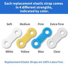 Color-coded strengths help customize tension with white-yellow-blue-clear straps.