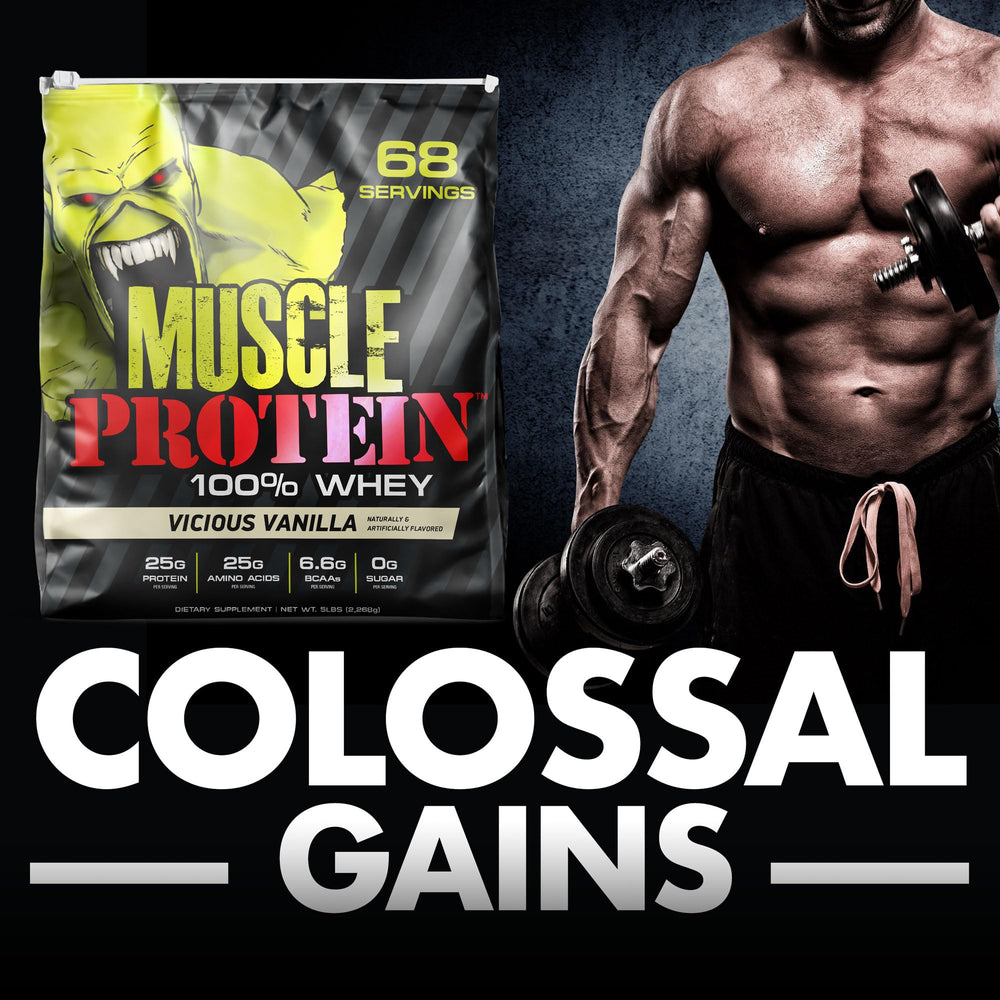 5 lb COLOSSAL LABS Muscle Whey container on a gym bench backdrop.