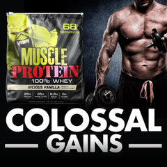 5 lb COLOSSAL LABS Muscle Whey container on a gym bench backdrop.