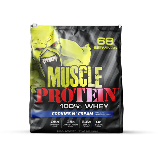 COLOSSAL LABS Muscle Whey Cookies & Cream bottle showing protein powder.