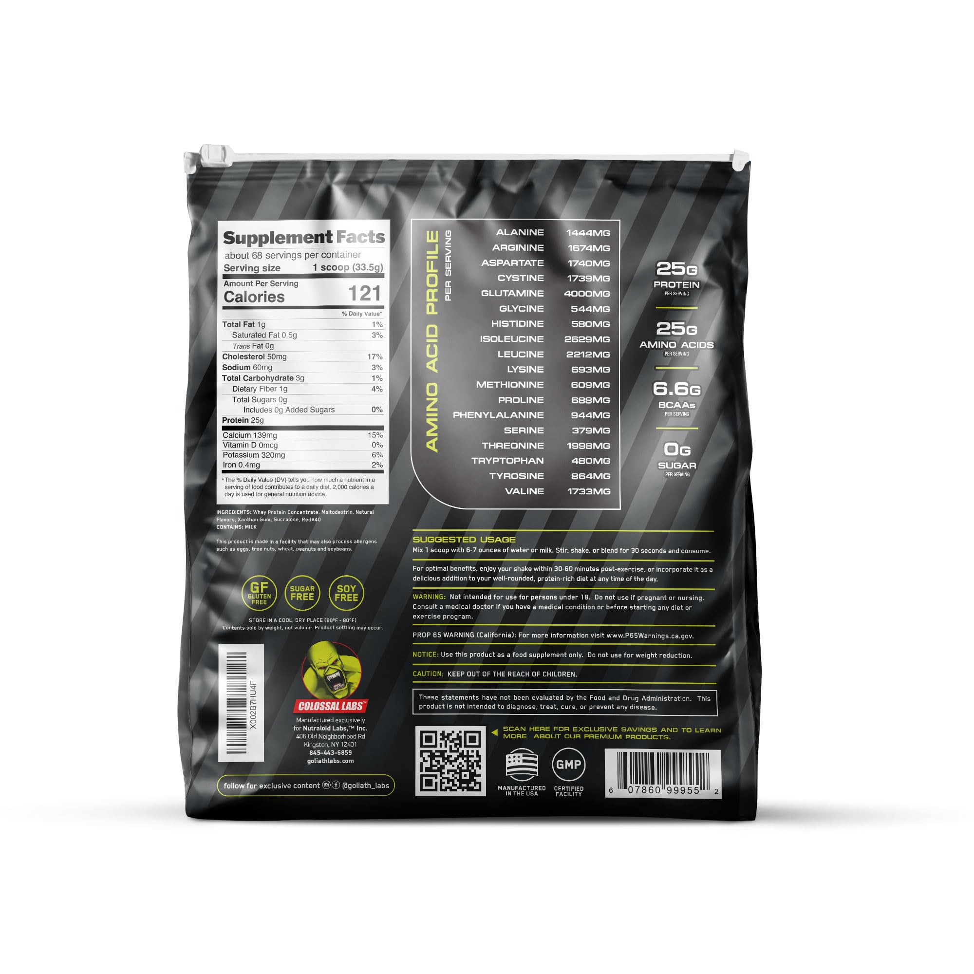 Serving scoop included with COLOSSAL LABS 5 lb whey protein container.