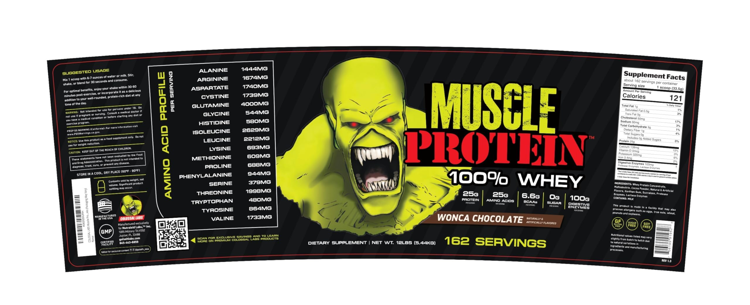 Colossal Labs whey protein label detail showing 25g protein per serving and gluten-free formula