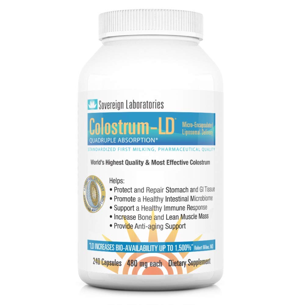 Colostrum-LD capsules bottle front view showing liposomal delivery for enhanced absorption.