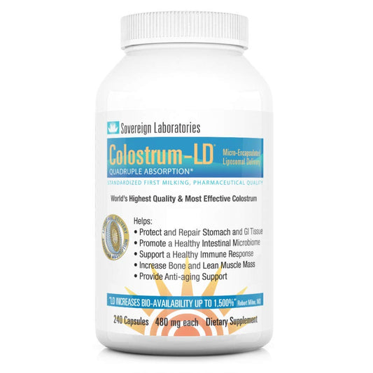 Colostrum-LD capsules bottle front view showing liposomal delivery for enhanced absorption.