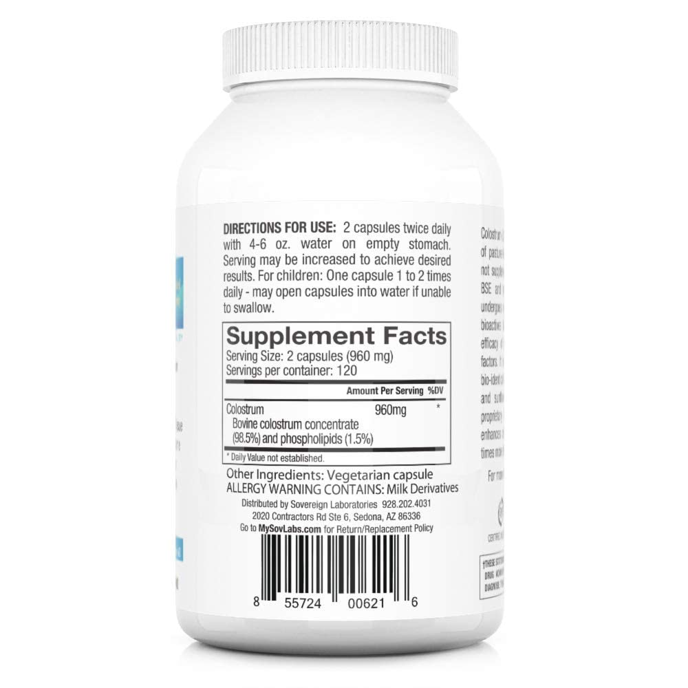 Colostrum-LD capsules bottle top view highlighting easy swallowing.