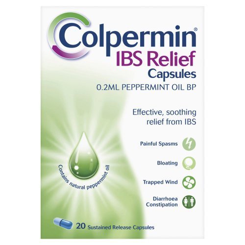 Colpermin peppermint oil capsules bottle close-up for IBS relief and digestive comfort