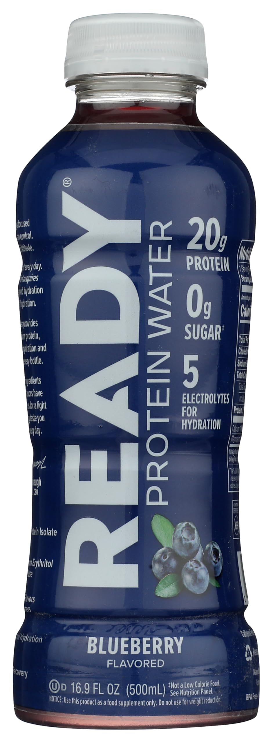 Come Ready Protein Water Blueberry bottle front shows crisp branding for a refreshing workout drink.