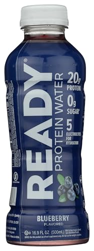 Close-up of Come Ready Protein Water Blueberry label highlighting natural ingredients and zero sugar.