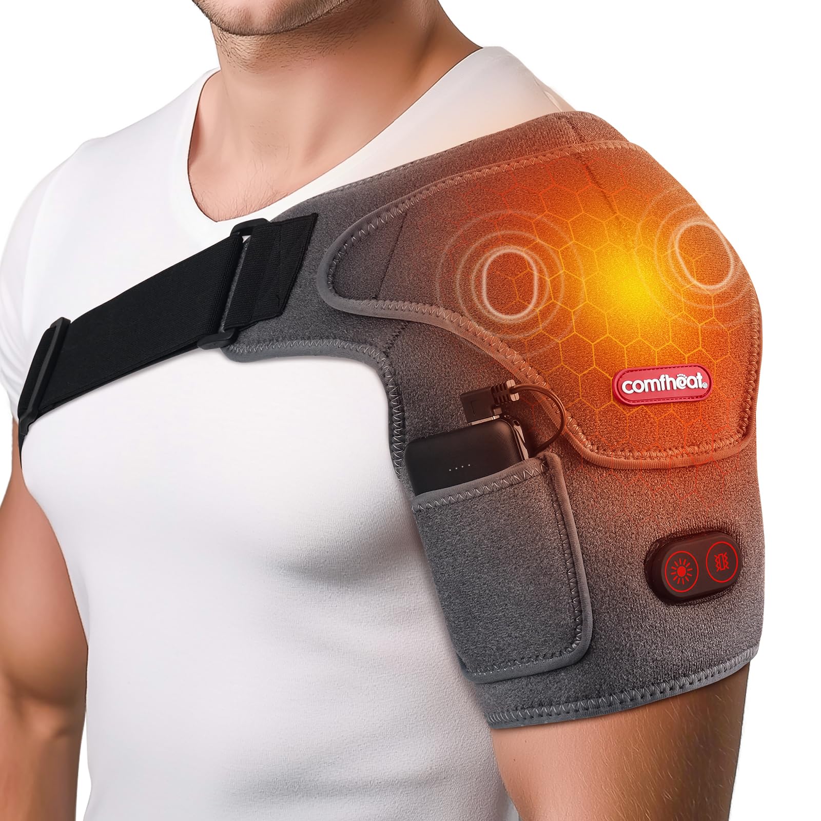 comfheat cordless shoulder pad worn for on the go warmth and relief