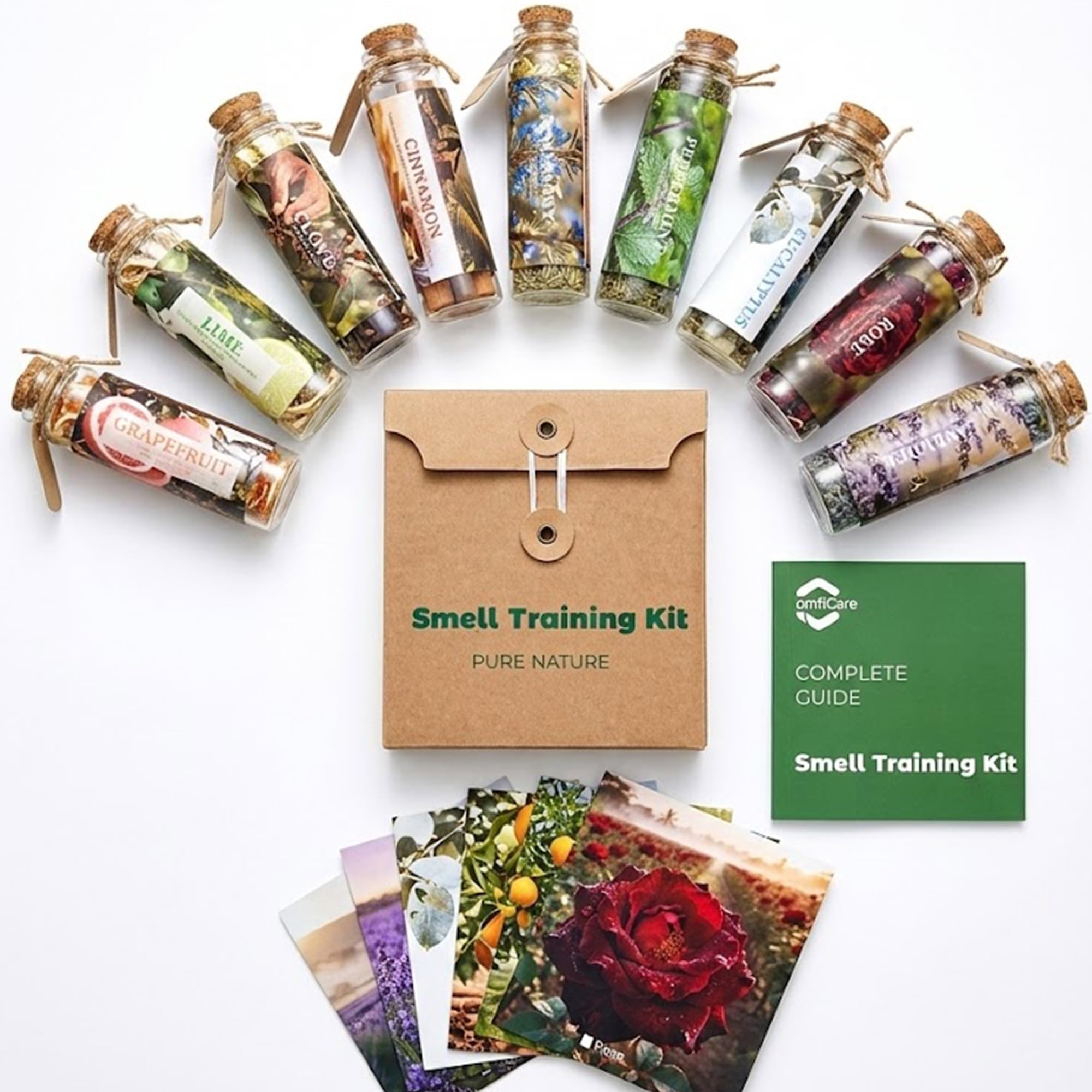 ComfiCare smell training kit with nine botanical vials for structured aroma practice.