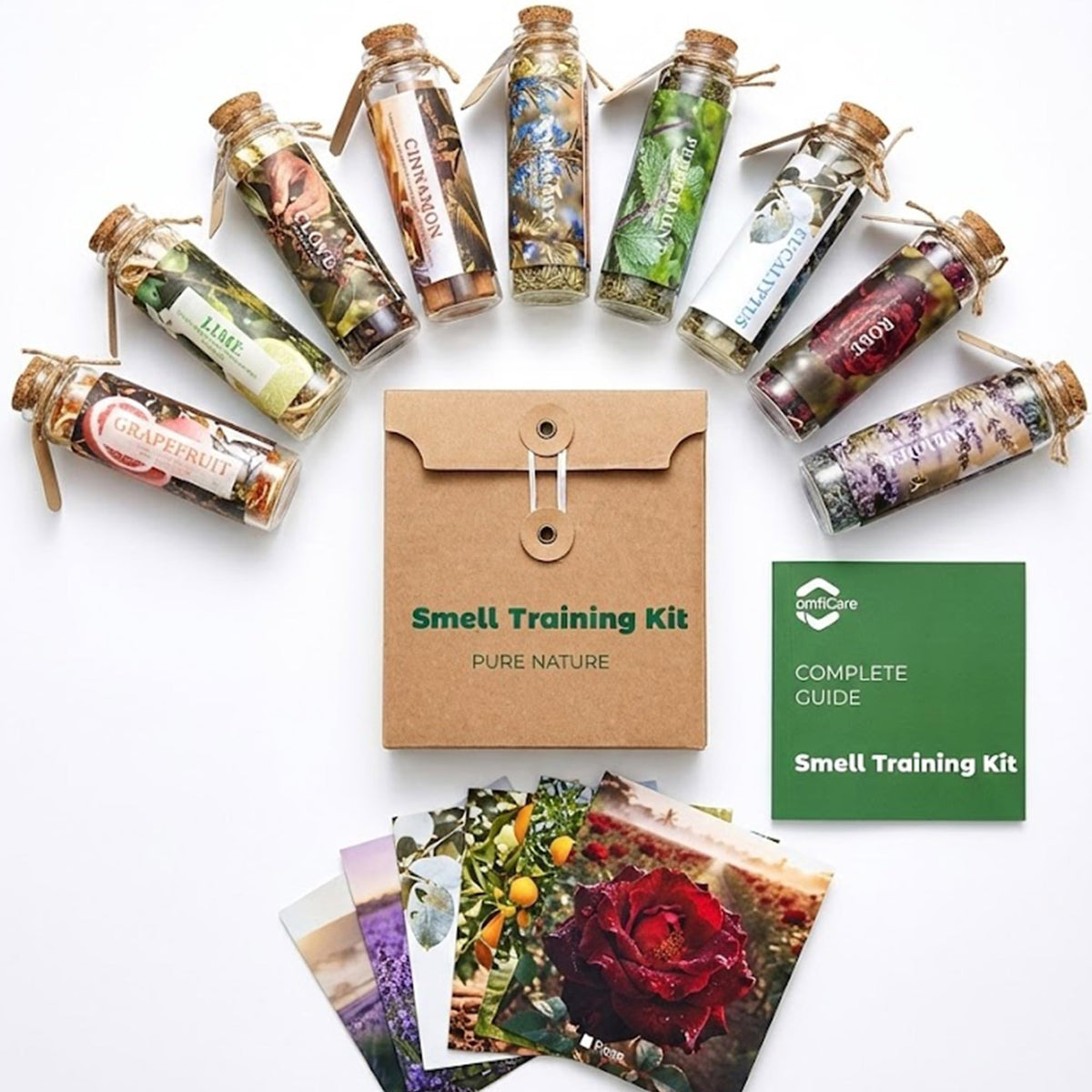 ComfiCare smell training kit with nine botanical vials for structured aroma practice.