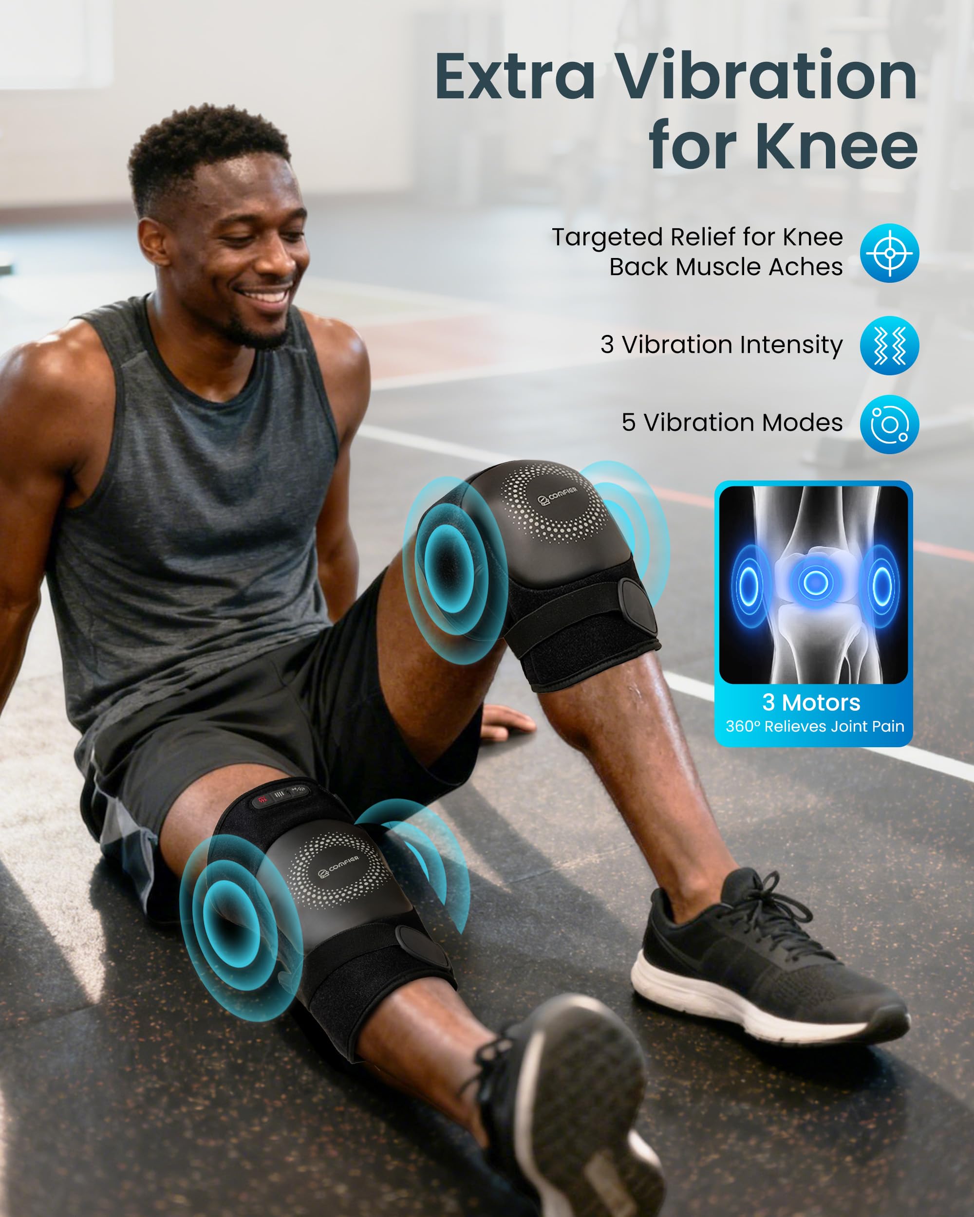 COMFIER knee massager showing 360° vibration system for full-coverage therapy