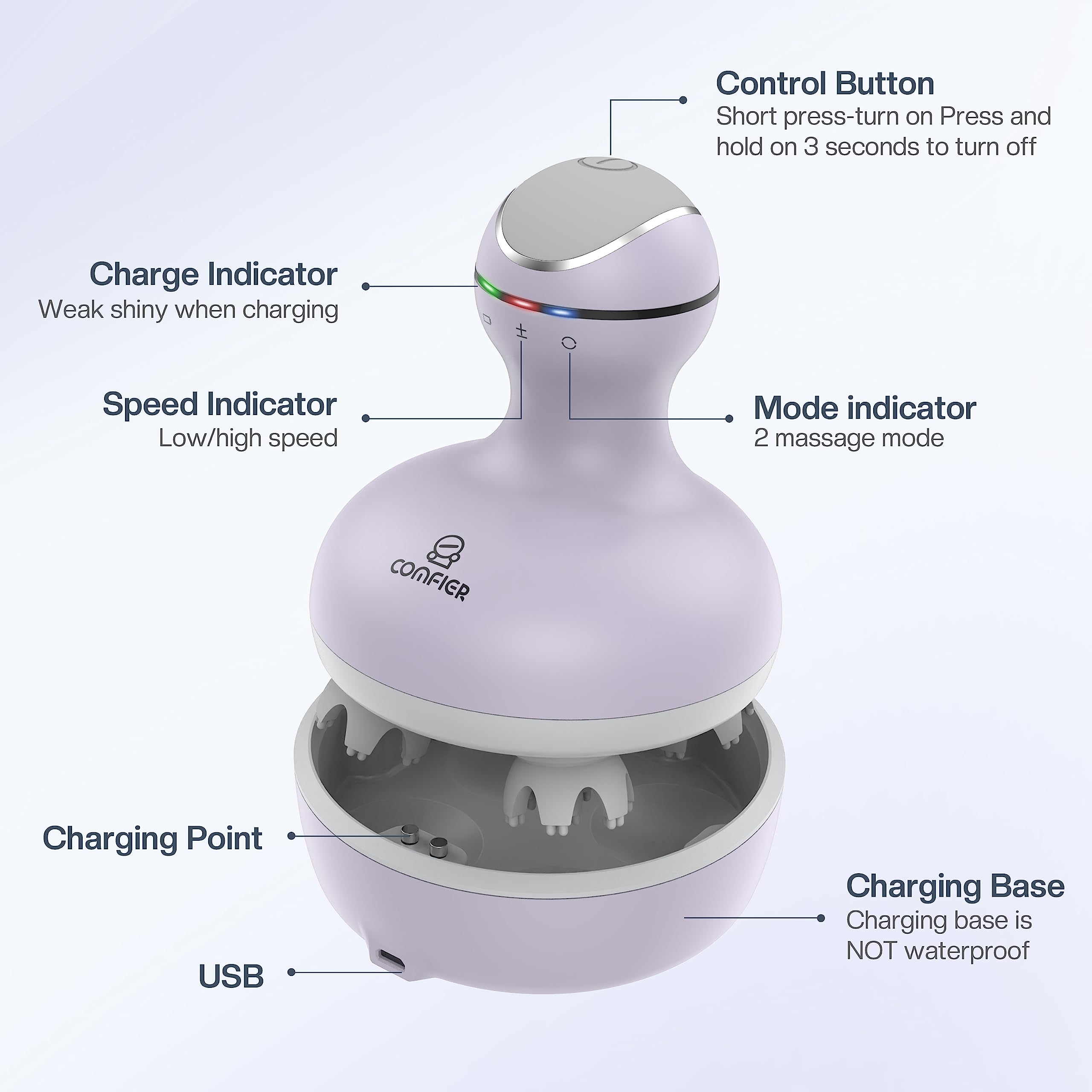 COMFIER detachable silicone massage heads for easy cleaning and gentle contact.