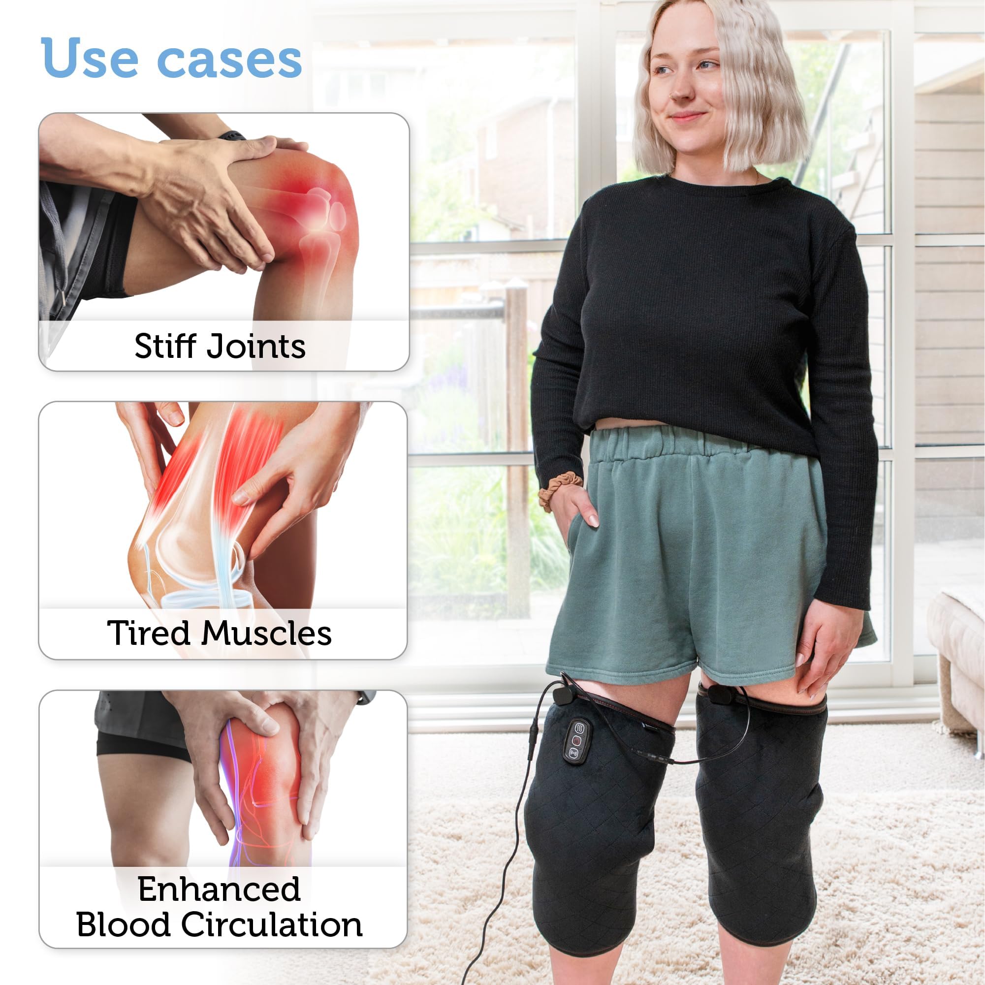 COMFIER knee massager in use on knee with warm sensation.