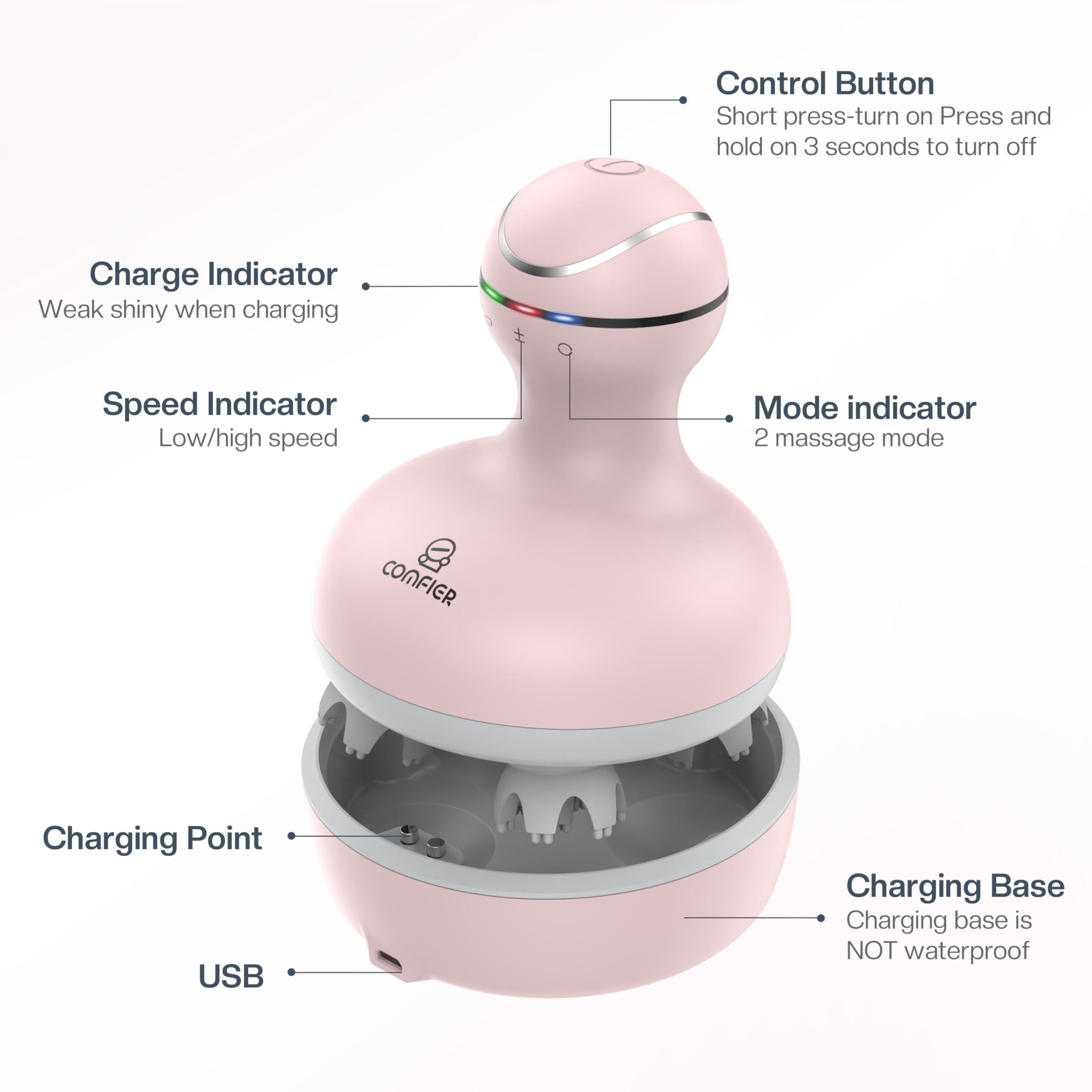 COMFIER scalp massager features detachable heads for easy cleaning.