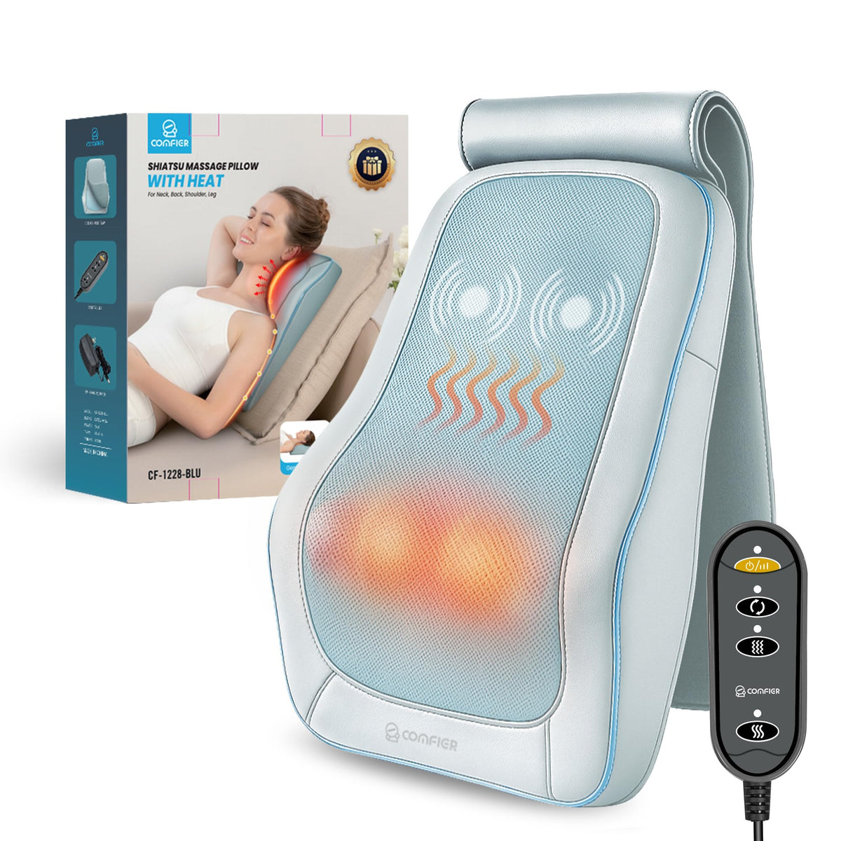 COMFIER Shiatsu back massager blue front view for comfortable home use.