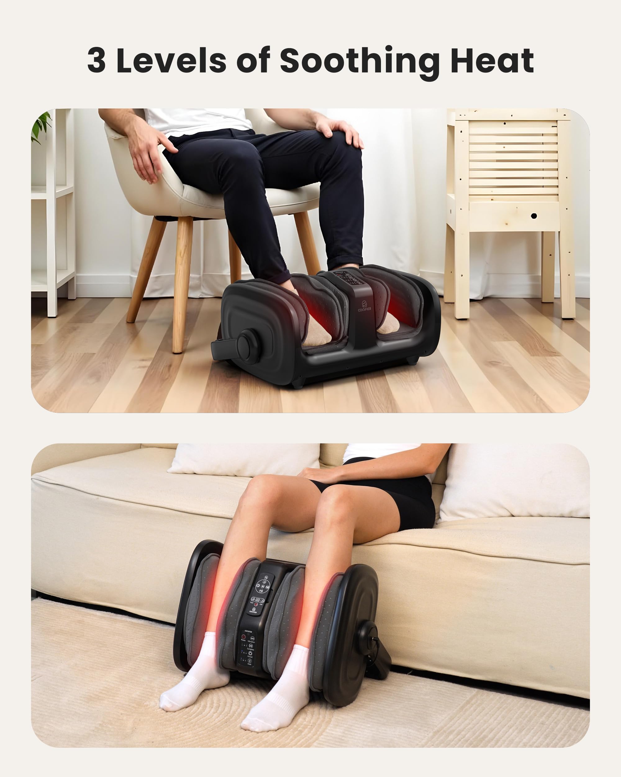 COMFIER massager demonstrates kneading and squeezing intensity for tailored relief